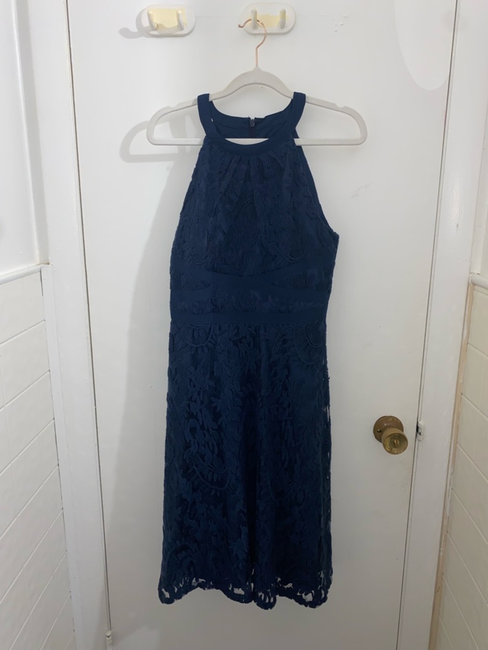 Adrianna Papell Navy Lace Halter Midi Dress